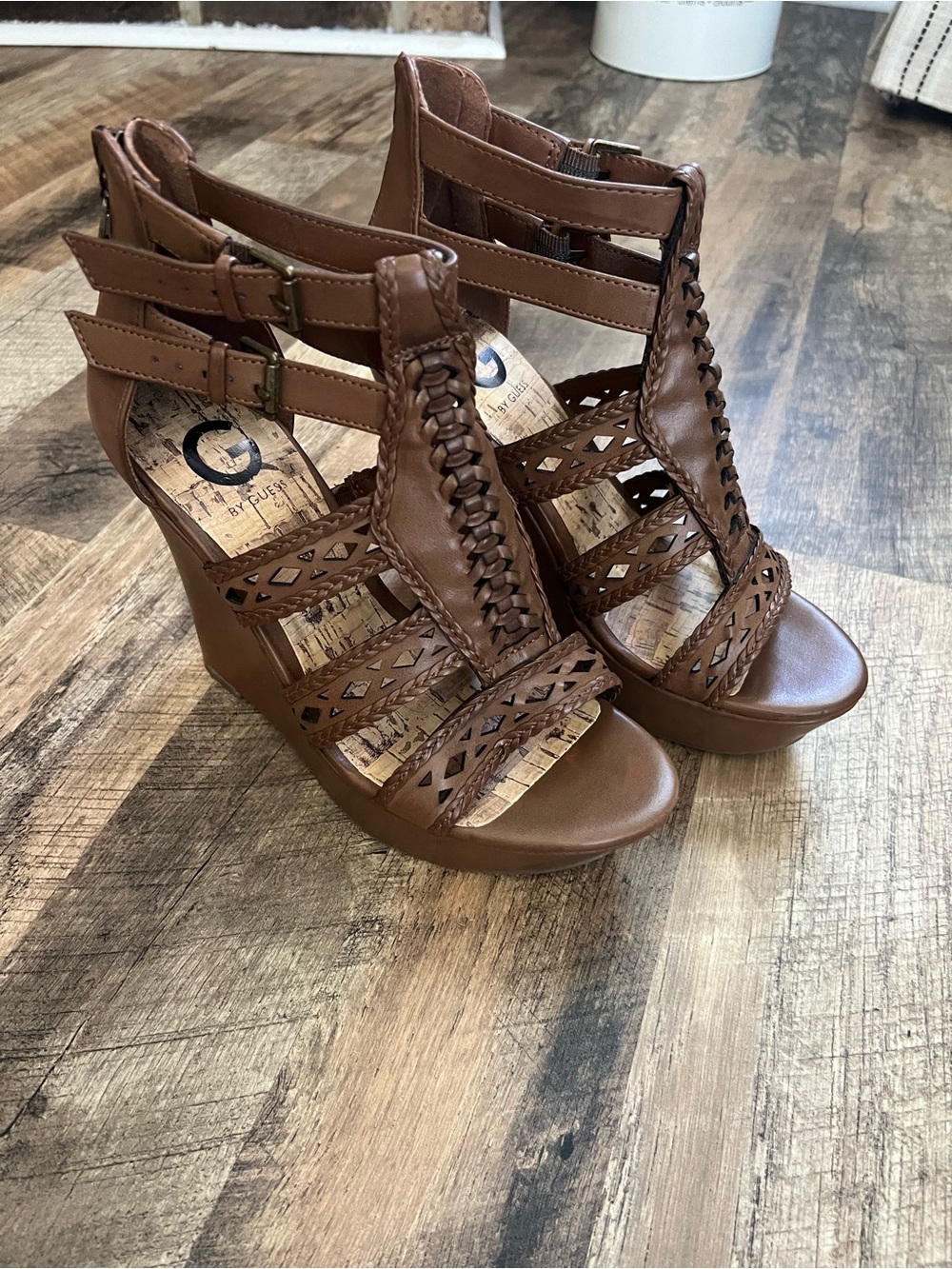 G by Guess Cognac Brown Braided Cutout Wedge Sandals